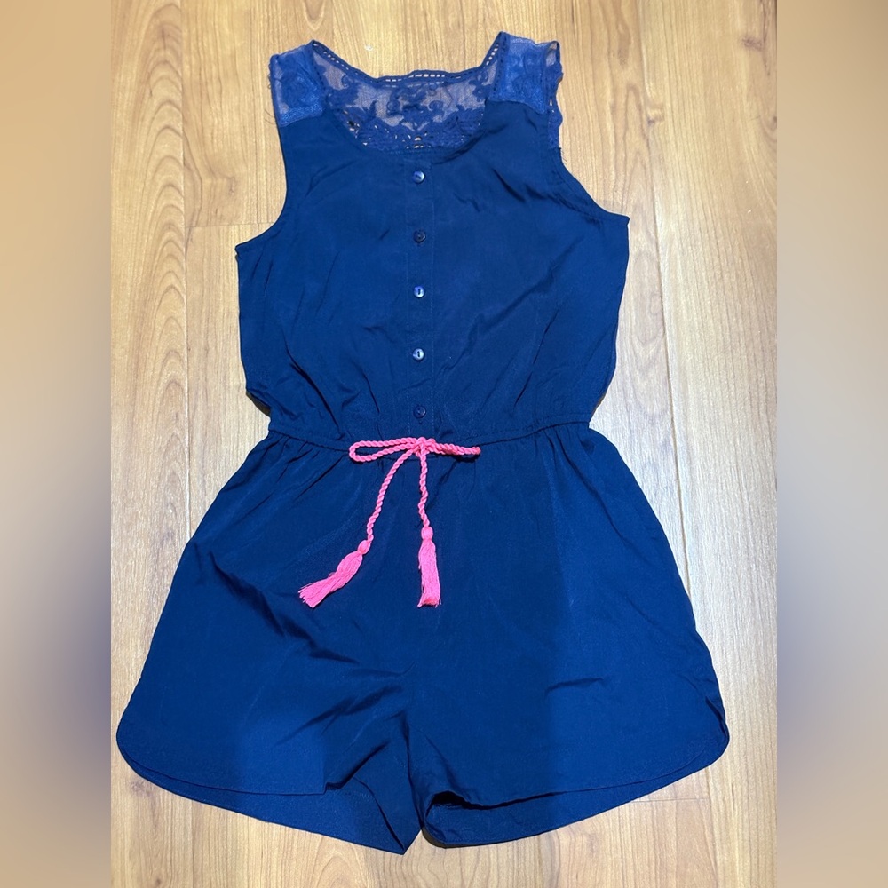 Japna Navy Blue Lace Yoke Girls Romper with Pink Tie